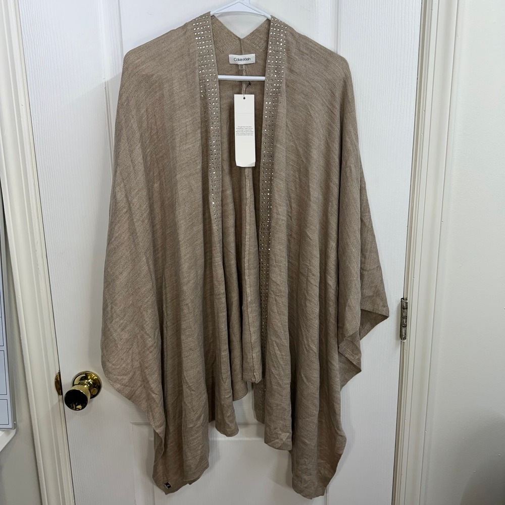 NEW Calvin Klein tan drapey open front soft knit jeweled acrylic cardigan OS